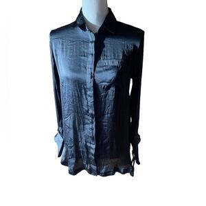 Banana Republic Black Satin Button-Up Long Sleeve Shirt Blouse XS